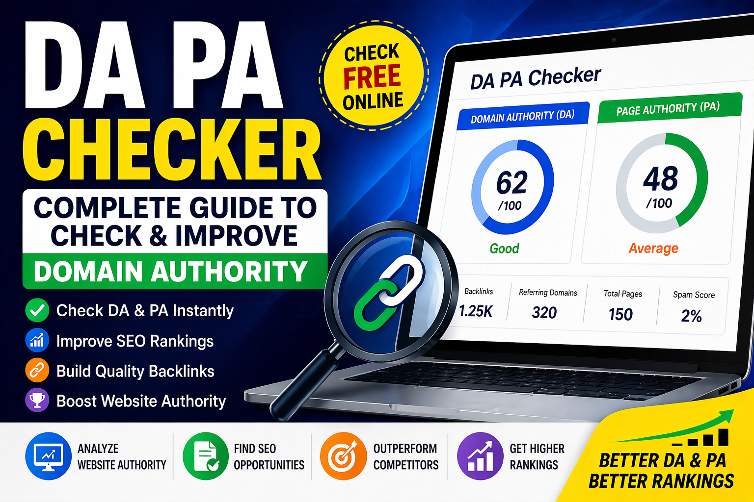 Free DA PA Checker tool to check domain authority, page authority, backlinks, and improve SEO rankings online